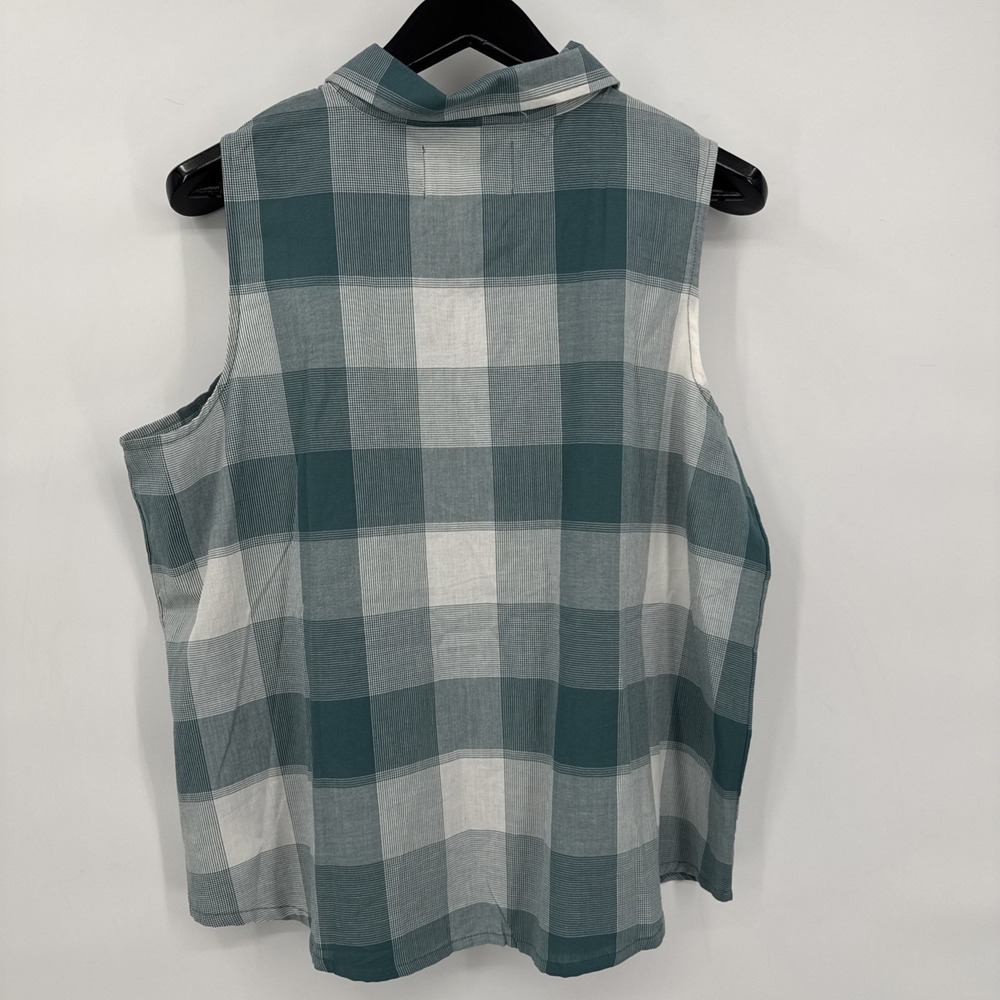 Old Ranch Brands Teal White Plaid Organic Cotton Tank Top Button Down Shirt XL - Picture 2 of 11